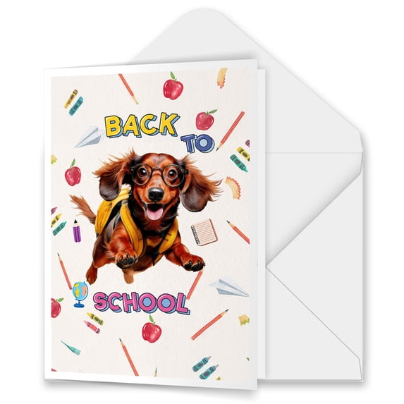 Back to School Cute Dachshund 5x7in Folded Greeting Card Wiener Dog Lover Gifts Idea Single Note Card with Envelope - 13010