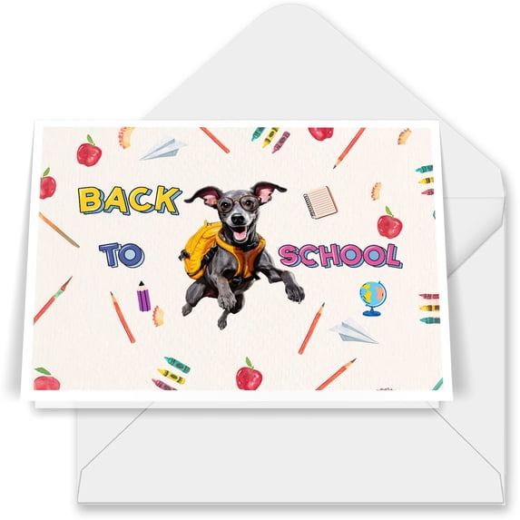 Back to School Cute Italian Greyhound 7x5in Folded Greeting Card Greyhound Dog Lover Single Note Card with Envelope - 13010