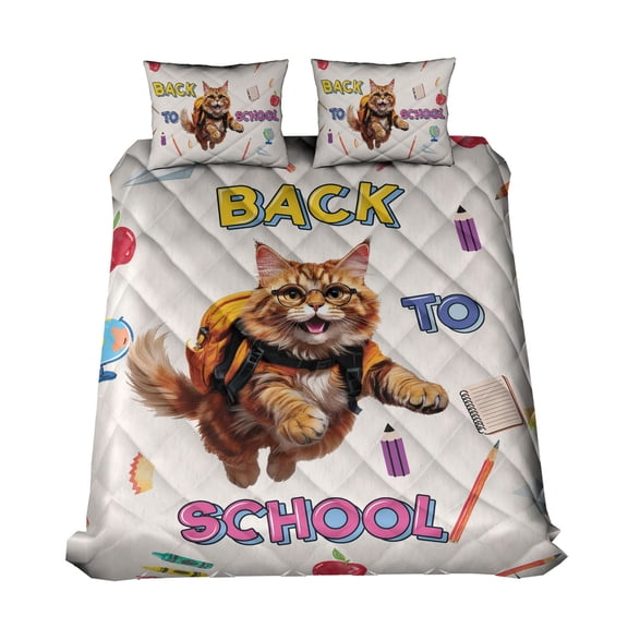 Back to School Cute Maine Coon Quilt Bedding Set Cat Lover Kitten Owner Gifts 1 Blanket Bed Cover 2 Pillowcases - 13010