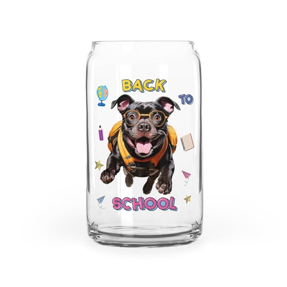 Back to School Cute Pitbull 16oz Glass Cup Mug Terrier Dog Lover Glass Can - 13010