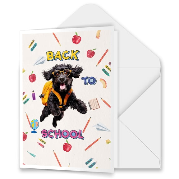 Back to School Cute Portuguese Water Dog 5x7in Folded Greeting Card PWD Portie Fishing Dog Lover Single Note Card with Envelope - 13010