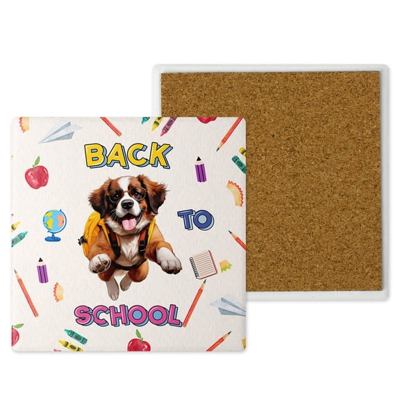 Back to School Cute Saint Bernard Set of 4 Stone Coasters St Dog Lover 4x4in Absorbent Soapstone Coaster - 13010