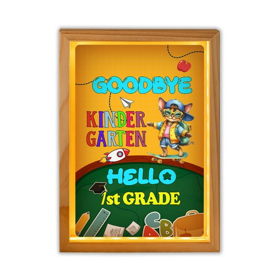 Back to School Devon Rex Goodbye Kindergarten Hello 1st Grade Acrylic Plaque with Wood Photo Frame Box Cat Lover Kitten Owner Gifts Light Box - 02011
