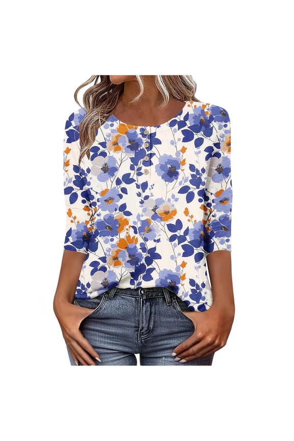 Spring T Shirts for Women Shirts Trendy Work Women's Tops 3/4 Sleeve Print Womens Blouses My Items