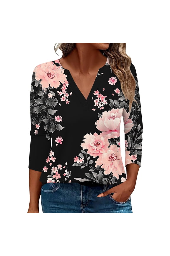 Loose Fit Tops Trendy Fall Women's Tops 3/4 Sleeve Print Women's Blouses My Reorder List