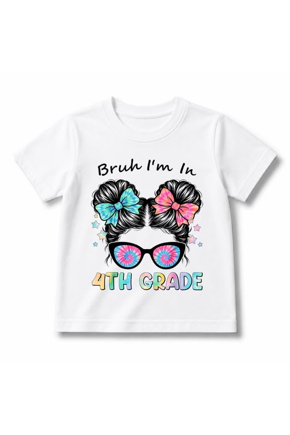 Back to School First Day Bruh Fourth 4th Grade Messy Bun Kid T-Shirt