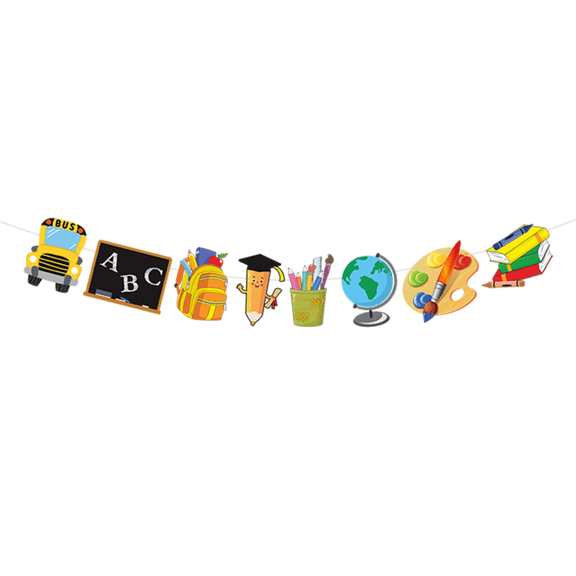 Back to School Garland Banner, Colorful Classroom Party Decoration, School Bus, ABC Chalkboard Theme