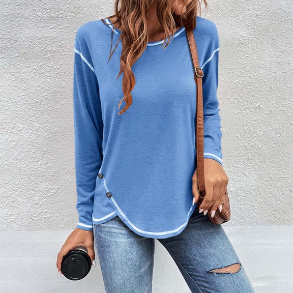 Back to School Gifts for Students Cute Shirts for Women Fashion Round-Neck Long Sleeve Solid Patchwork Shirt Blouse