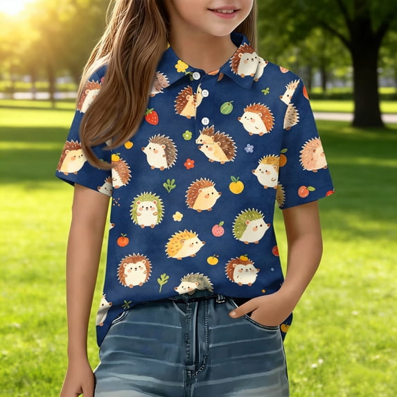 Back to School Girls Shirt Henley Short Sleeve Cute Cartoon Animal Print T Shirts Button Closure Comfy Active Polo Shirts, 130