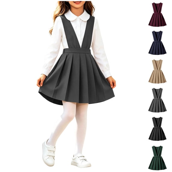 Back to School Girls V Neck Suspender Pleated Dress Kids Solid Uniform Skirt For School Daily Outfit 5-6Years