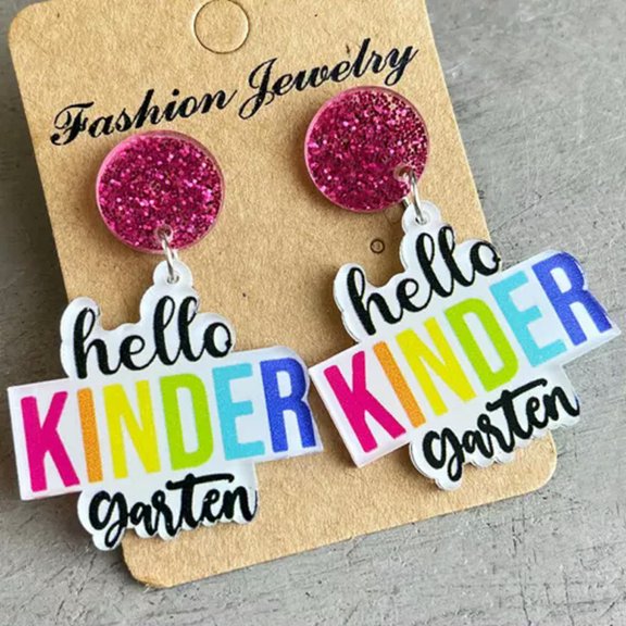 Back to School Glitter Acrylic Round Geometric Grade Class Teacher Day Earrings