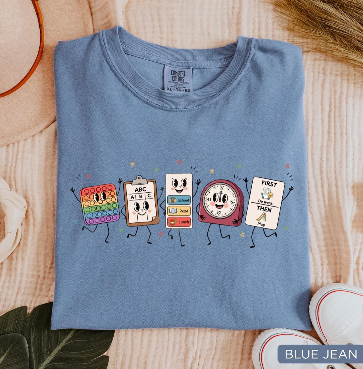 Back to School Graphic Tee Cartoon School Supplies with Routine Blue ...