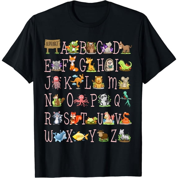 Back to School Kindergarten Teacher ABCs Animals Alphabet T-Shirt Black X-Large