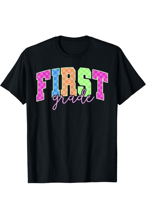 Back to School Neon Checkered First Grade, Colorful Teacher T-Shirt