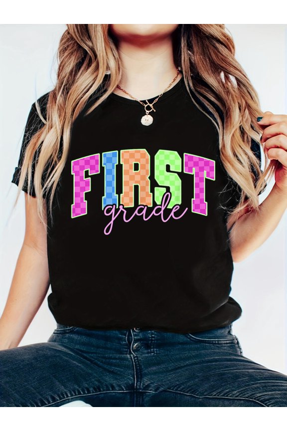 Back to School Neon Checkered First Grade, Colorful Teacher T-Shirt