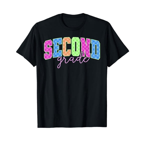 Back to School Neon Checkered Second Grade, Colorful T-Shirt