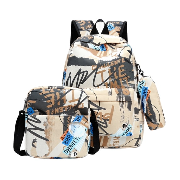 Back to School Nylon Backpack with Lunch Bag Pen Case, 3 Piece Set for Daily Commute Sundries Organization Campus Travel Beige