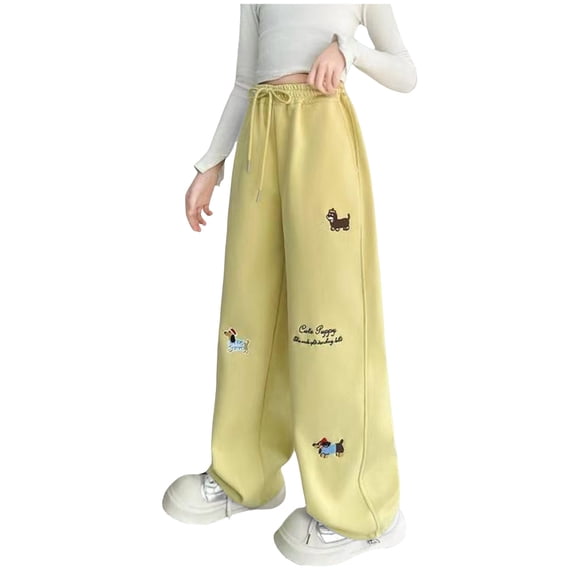Back to School Outfits Girls Wide Leg Pants High Rise Loose Fit Elastic Waist Drawstring Button Detail Solid Casual for School Travel