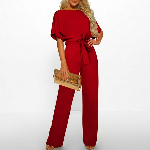 Back to School Outfits for Girls womens jumpsuit dressy Fall/Winter Solid Color Short Sleeved Crewneck Jumpsuit With Belt Jumpsuit