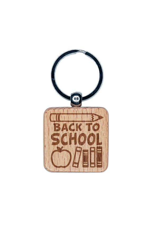 Back to School Pencil Apple Books Square Keychain Charm Tag - Engraved Wood