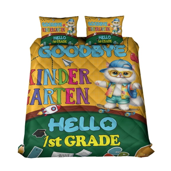 Back to School Persian Goodbye Kindergarten Hello 1st Grade Quilt Bedding Set Cat Lover Kitten Owner Gifts 1 Blanket Bed Cover 2 Pillowcases - 02011