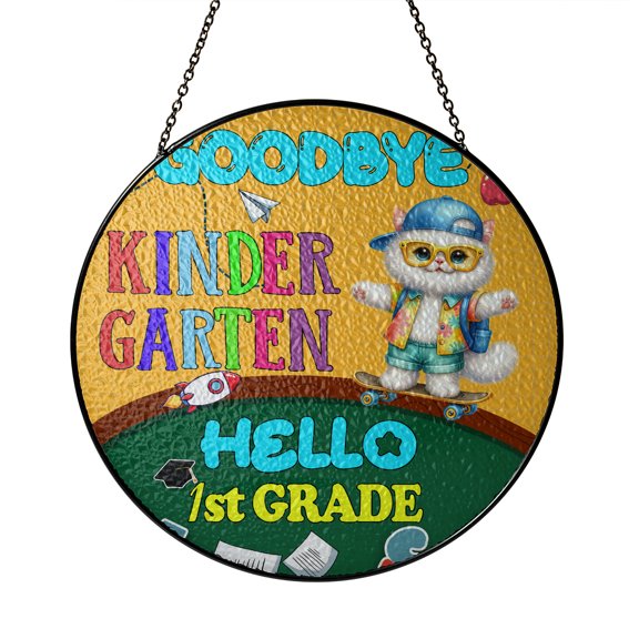 Back to School Persian Goodbye Kindergarten Hello 1st Grade Stained Glass Suncatcher Cat Lover Kitten Owner Gifts Window Hanging Sign Decor - 02011