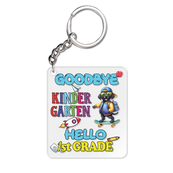 Back to School Pitbull Goodbye Kindergarten Hello 1st Grade Acrylic Keychain Terrier Dog Lover Collar Charm Tag Keyring - 02011