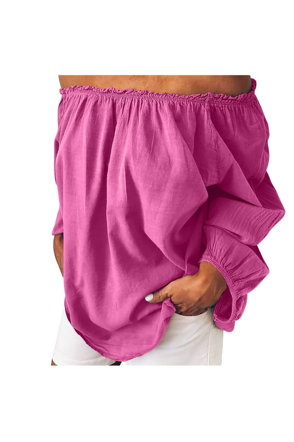 Women's Summer Tops off Shoulder Top Ruffle Long Sleeve Cotton Linen Blouse Casual Loose Shirts Pink 2XL