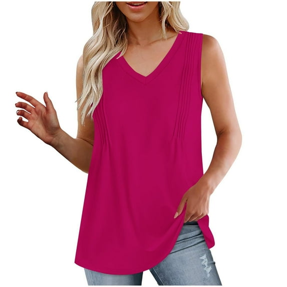 Back to School Savings! Ahuyic Womens Tank Tops Summer Pleated Tank Tops for Women 2024 Loose Fit V Neck Sleeveless Tops Flowy Hot Pink A L