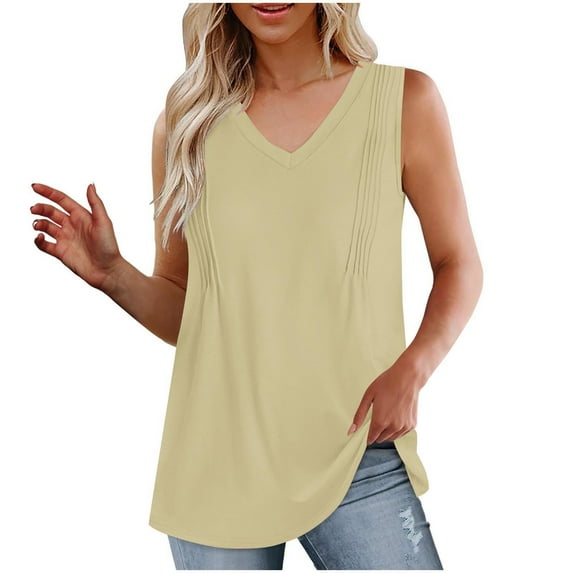 Back to School Savings! Ahuyic Womens Tank Tops Summer Pleated Tank Tops for Women 2024 Loose Fit V Neck Sleeveless Tops Flowy Khaki M