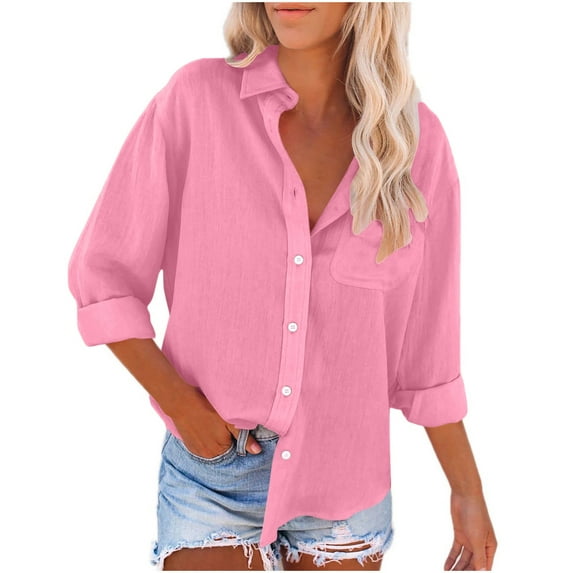 Back to School Savings! Ahuyic Womens Tops Cotton Linen V Neck Button Down Shirt Long Sleeve Casual Collared Work Blouse Top Summer Blouse Pink A 2XL