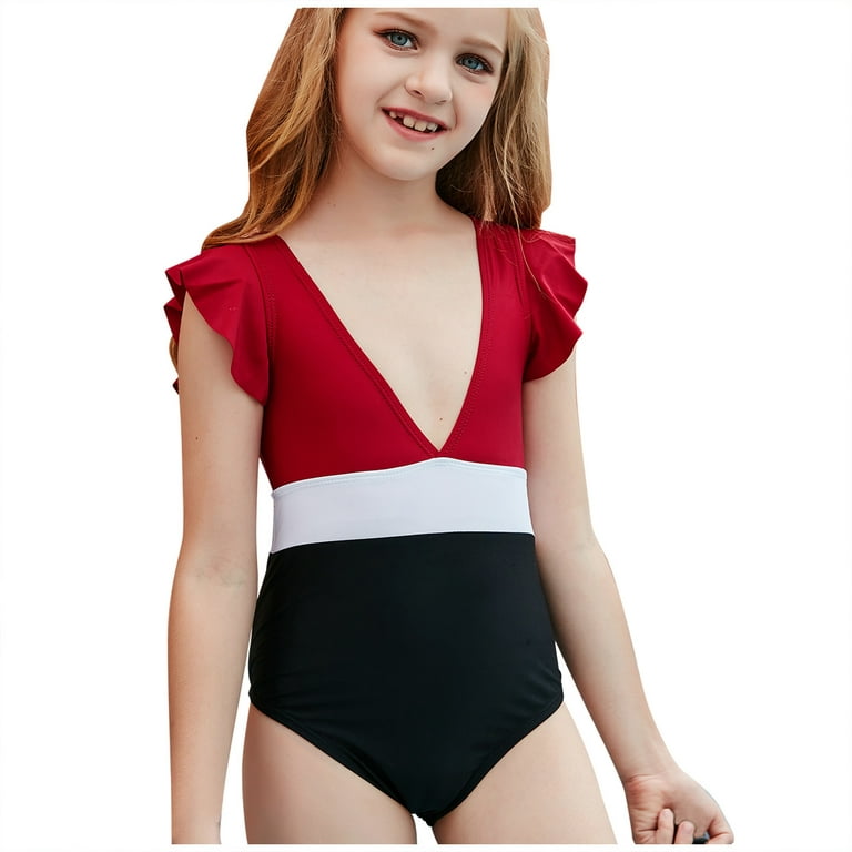 Back to School Savings Clearance Zpanxa Girls One-Piece Swimsuit Solid  Color V-Neck Ruffle Splicing Beach Bikini Swimwear Bathing Suit 9-16 Years  Red