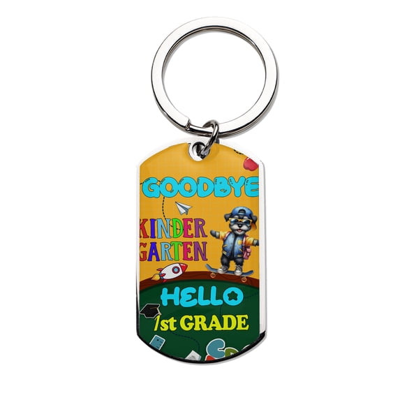 Back to School Schnauzer Goodbye Kindergarten Hello 1st Grade Stainless Steel Keychain Miniature Schnauzer Dog Lover Collar Charm Tag Keyring - 02011