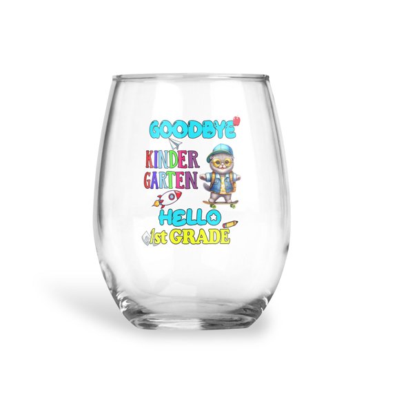 Back to School Scottish Fold Goodbye Kindergarten Hello 1st Grade 15oz Stemless Wine Glass Mug Cat Lover Kitten Owner Gifts Wine Glasses Cup - 02011