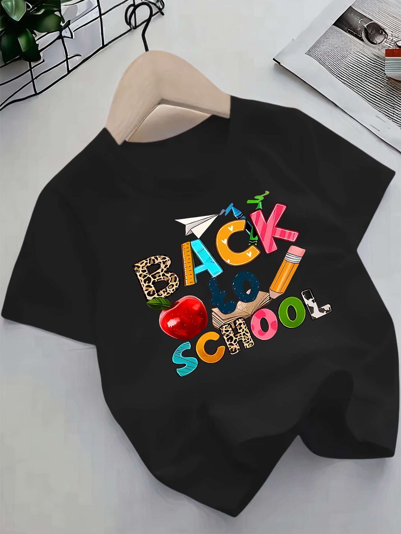 Back-to-School Season Girls'Round Neck T-Shirt with Apple/Pencil/Book ...