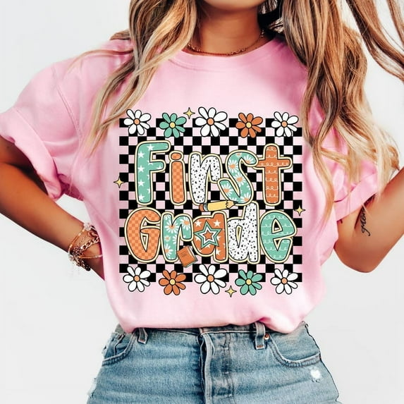 Back to School Shirt Bundle, Floral Teacher First Day Shirt Design, Girly Checkered Shirt for Pre-K, Kindergarten, and 1st Grade Students