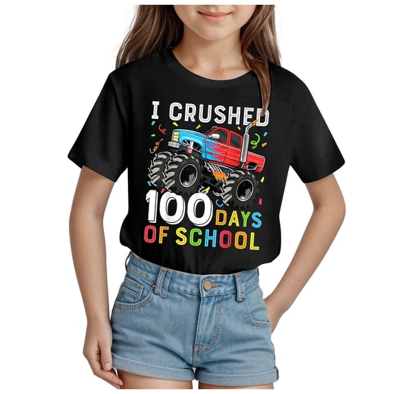 100 Days Of School Shirt Girls Size 6/7 Boy Kid Color Block 100 Dyas Of Shool Print Graphic Tees Relaxed Fit Celebration Top 100% Cotton