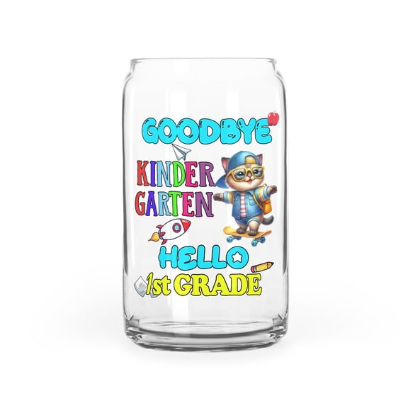 Back to School Siamese Goodbye Kindergarten Hello 1st Grade 16oz Glass Cup Mug Cat Lover Kitten Owner Gifts Glass Can - 02011