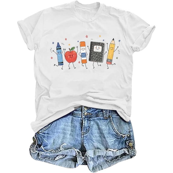 Back to School Supplies Graphic T-Shirt Teacher Life Shirt for Women First Day of School Tee Tops