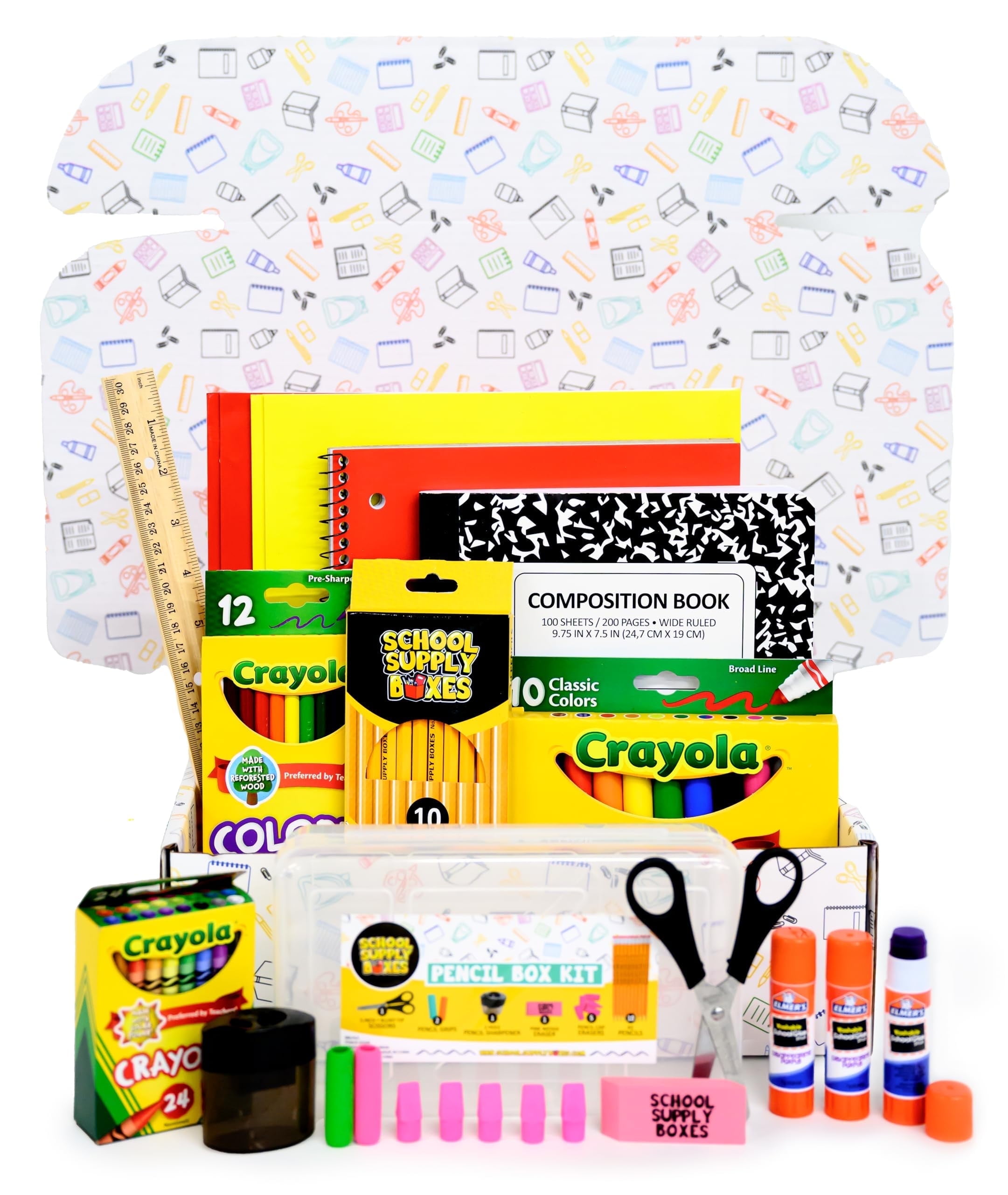 K-5 School Supply Box - 32 Piece Set includes Markers, Crayons, Pencils, Scissors, Folders, Glue, Notebook
