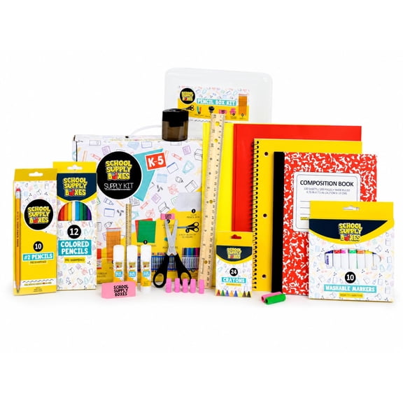 Back to School Supply Box - Grades K-5 Back to School Supplies - 32 Piece Kit With Handled Box