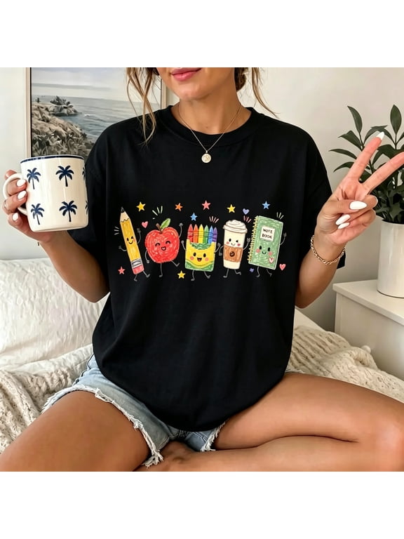 Back to School T-Shirt, Cute School Supplies Graphic Tee, Teacher Apple Pencil Notebook Shirt, Classroom Aesthetic Gift