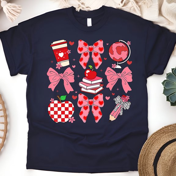 Back to School Teacher Shirt – Books, Pencil, Apple & Bow Graphics, Navy, Size S