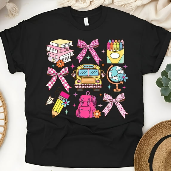 Back to School Teacher Shirt – Cute Supplies Bows Globe Bus Graphic Tee, Black, Size 3XL