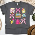 thumbnail image 1 of Back to School Teacher Shirt – Cute Supplies Bows Globe Bus Graphic Tee, Dark Heather, Size XL, 1 of 6
