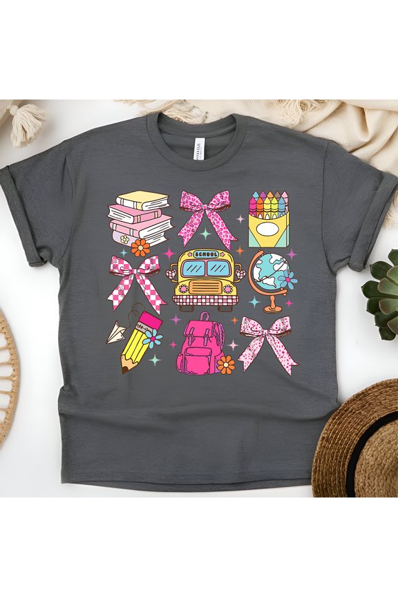 Back to School Teacher Shirt – Cute Supplies Bows Globe Bus Graphic Tee, Dark Heather, Size XL