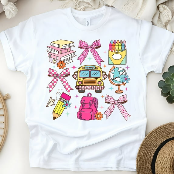 Back to School Teacher Shirt – Cute Supplies Bows Globe Bus Graphic Tee, White, Size S