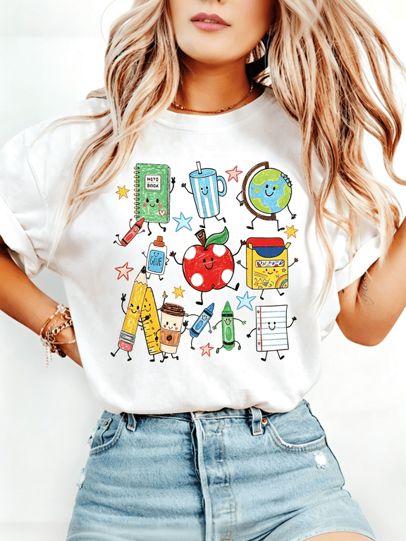 Back to School Teacher T-Shirt Funny Cartoon Notebook Glue Crayon Apple Graphic Top