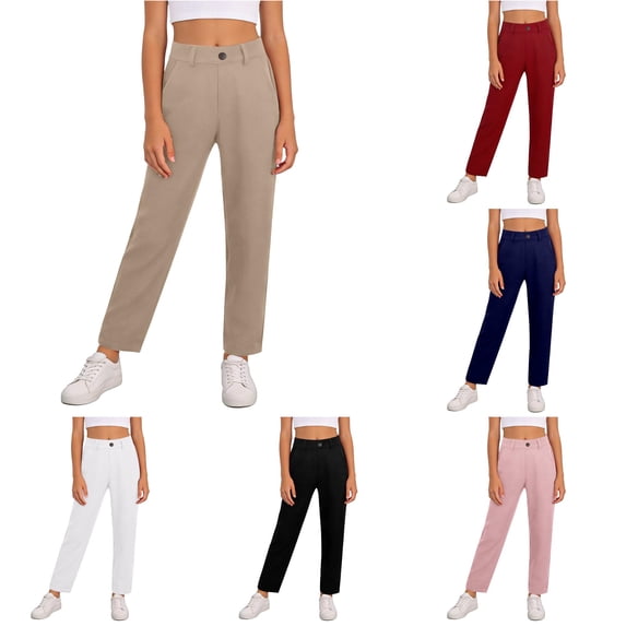 Back to School Uniform Jeggings for Girls High Stretchy With Pockets Dress Pants for Kids Comfortable Flat Front Trousers Brown 5-6 Years