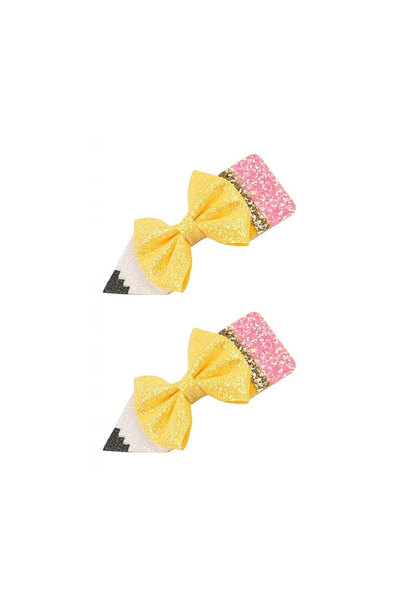 Back-to-school Pencil Bow Hair Clip, Shiny Yellow Bow Hair Clip for Gil